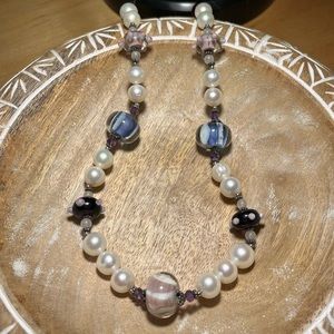 Genuine White Pearls & Hand Blown Glass Beads Sterling Silver Necklace